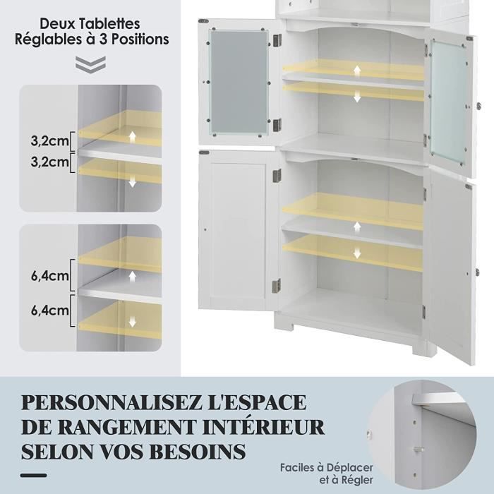 Meuble De Rangement Salle De Bain 3 Parties - 6 Niveaux, étagères Ouvertes Et Compartiments Fermés - Portes Verre Transparent, Gris - Dimensions 60x30x163 Cm