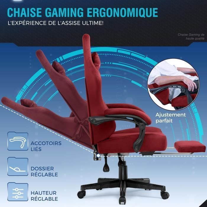 Chaise De Gaming Ergonomique – Dossier Inclinable 135°, Repose-pieds Rétractable – Tissu Velours, Support 150 Kg – Rouge