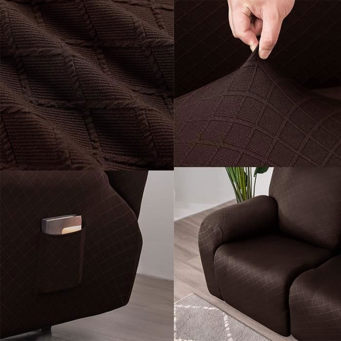 Lot Housses Meuble Housse Fauteuil Relax 4 Pièces Marron - Tissu Stretch Extensible - Avec Poche Latérale Pratique Accessoire Décoration Intérieur
