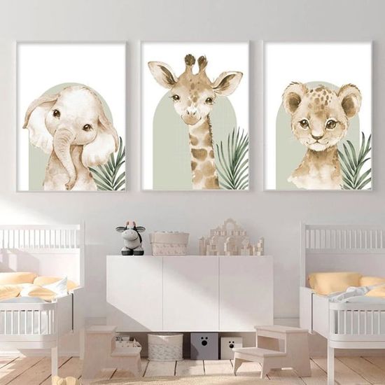 Lot 4 Affiches Animaux Safari Chambre Bébé - 21x30 Cm Chaque - Toile Coton 320gsm - Lion, éléphant, Girafe, Zèbre - 3