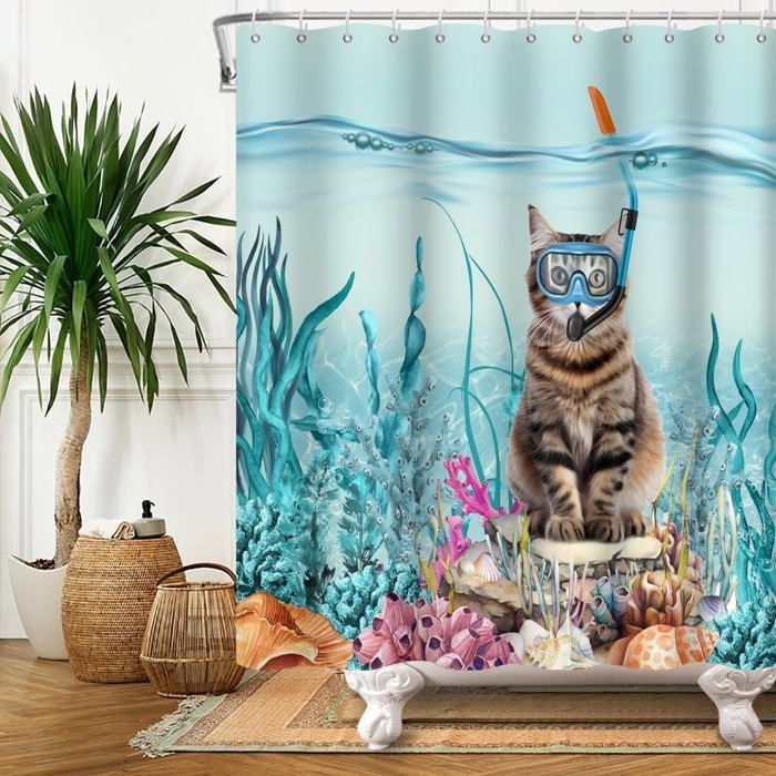 Rideau Douche Chat Mignon 180x180 Cm - Polyester Imperméable | Déco Salle De Bain Animée, Enfants - 10