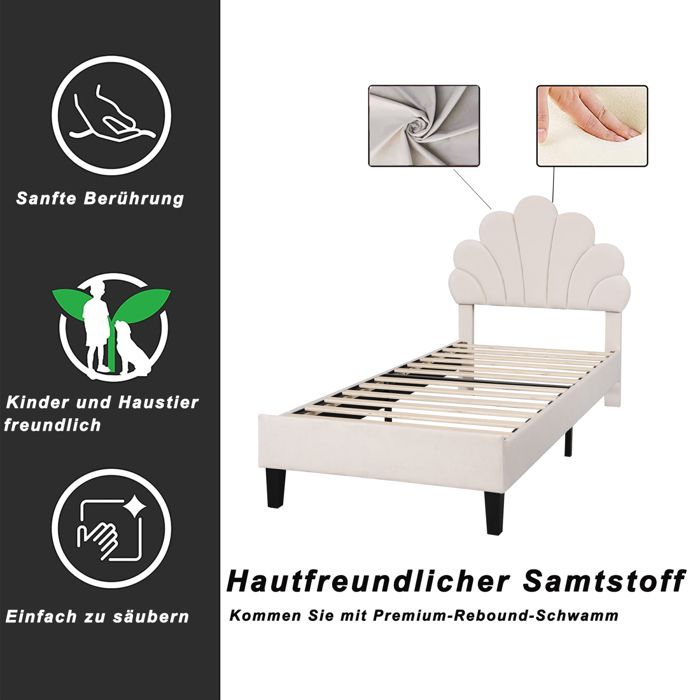 Lit Simple Capitonné Enfant 90 X 200 Cm Avec Tête De Lit, Pied De Lit Et Sommier A Lattes Rose Velours 92570785
