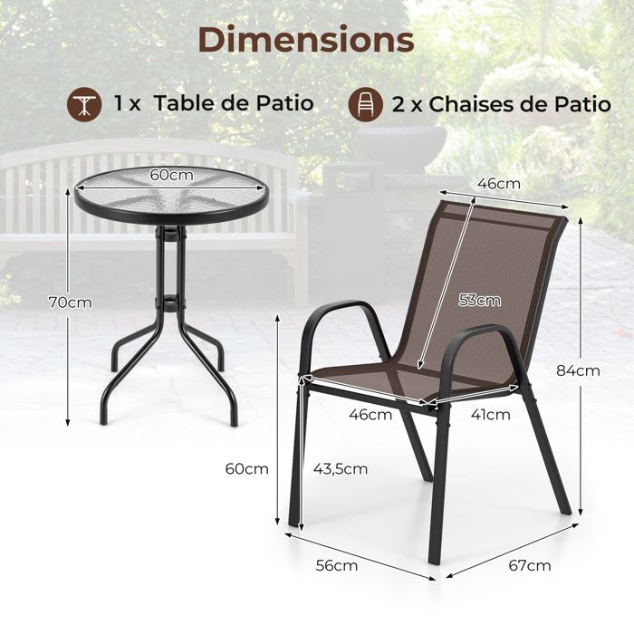 Set Bistro 3 Pièces KOMFOTTEU - Table Ronde Verre Et 2 Chaises Textilène Jardin Extérieur
