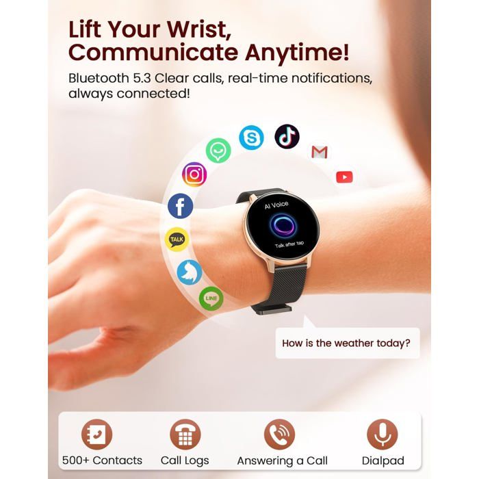 Montre Connectée Femme 1.32 Pouces - Appels Bluetooth, 120 Modes Sport, Suivi Sommeil & Cycles, étanche IP68
