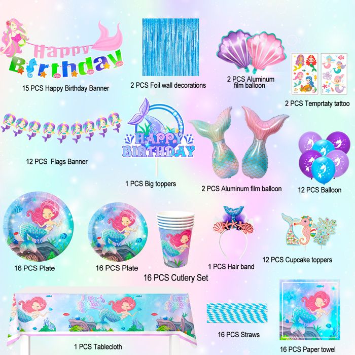 Décoration Anniversaire Sirène - Kit Vaisselle 16 Personnes - Assiettes, Gobelets, Serviettes, Ballons - Fille, Baby Shower