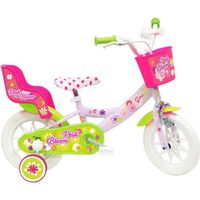 Vélo Enfant 12" PINK BLOOM  Fille  ( taille < 90/95 cm )   Rose & Vert, équipé de 1 Frein & Panier avant, Porte-poupée
