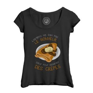 T-SHIRT T-shirt Femme Col Echancré Noir Crêpe - L'argent ne Fait Pas le Bonheur Street Food