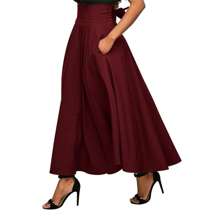 Minetom Femmes A-Ligne Chic Élégante Plissé Jupe Longue Vintage Taille  Haute Poches avec Ceinture Maxi Jupe Vin rouge - Cdiscount Prêt-à-Porter
