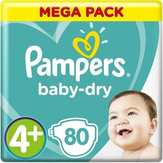 PAMPERS Baby-Dry Taille 4+, 10-15 kg - 80 Couches - Mega Pack