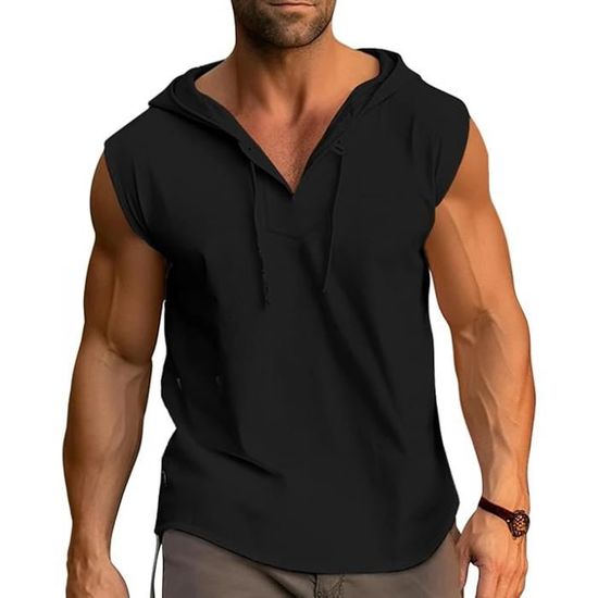 Débardeur De Sport Homme à Capuche - Coton Mélangé - Motif Tête De Mort - Grande Poche Kangourou - Pour Musculation, Fitness, Running