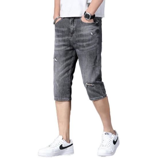 Pantalon Capri Jean Femme - Taille Haute Déchiré Brodé Fleurs - Coupe Ajustée Grande Taille Décontractée
