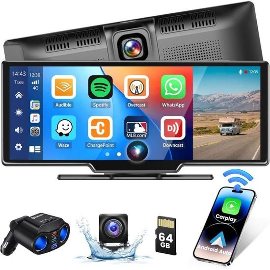 Écran CarPlay/Android Auto 10,26" Pour Voiture - WiFi, YouTube/Netflix/TikTok, GPS, Caméra Recul 1080P, Support Tableau De Bord