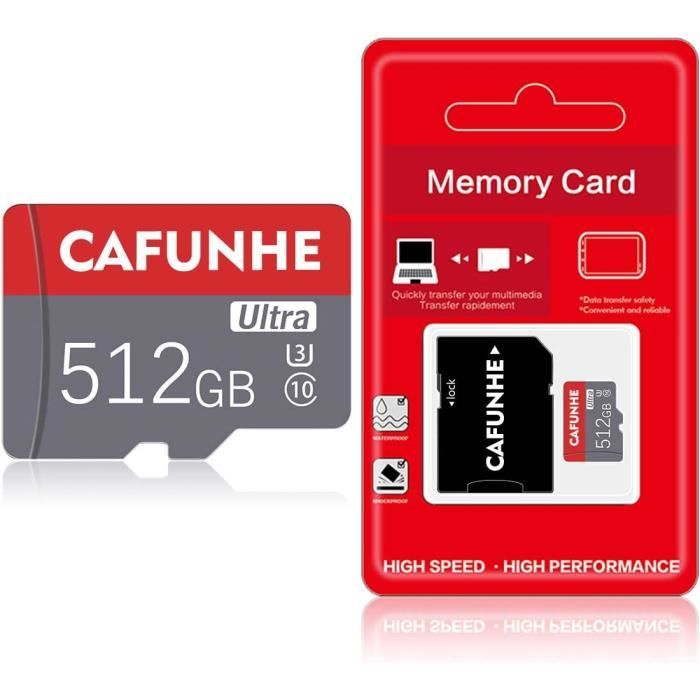 Carte Mémoire Micro SD 512 Go - Classe 10 - Haute Vitesse Jusqu'à 80 Mo/s - Compatible Smartphone, Console Portable, Drone - Avec Adaptateur SD