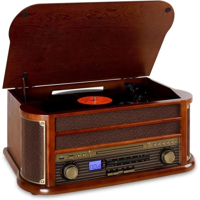 Platine Vinyle Auna Avec Haut-Parleur Intégré - Lecteur CD, USB, Bluetooth | Design Rétro Bois - 3 Vitesses
