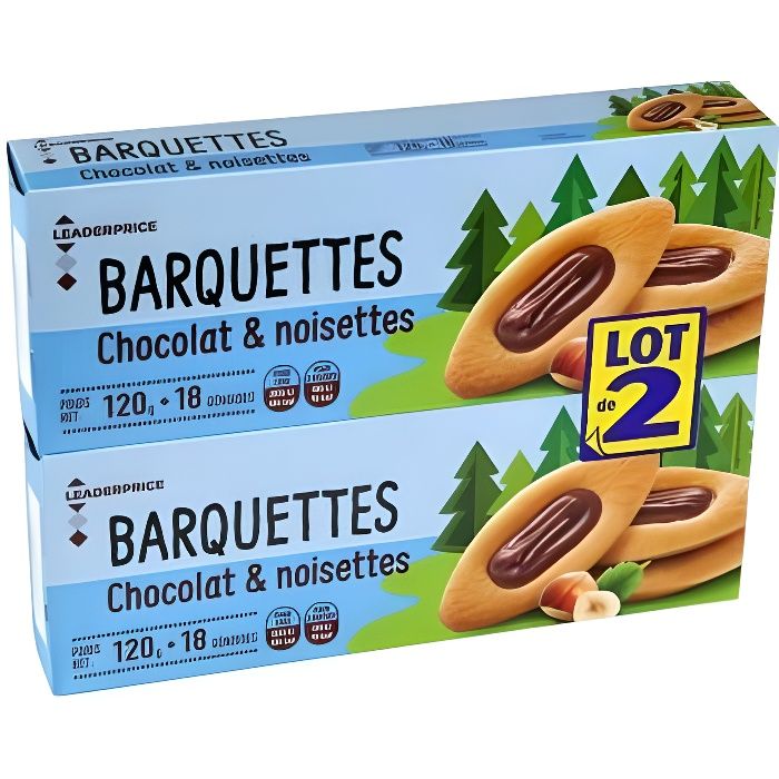 Biscuits barquette chocolat noisette Leader Price x2 - 120g