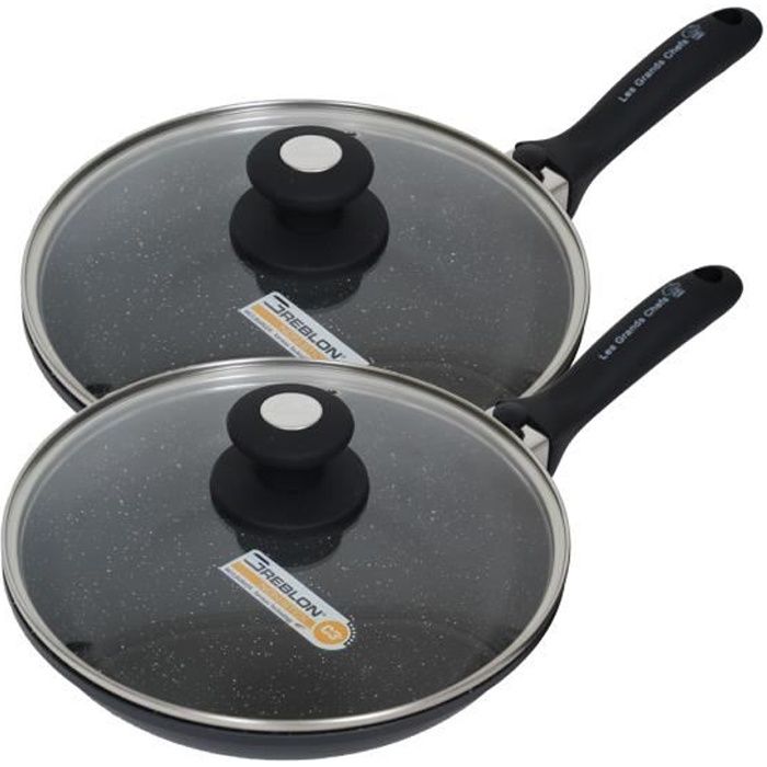 Les Grands Chefs Professionnel – lot de 2 Poêles Pierre 24/28 CM - Inclus Manche Amovible, Couvercle et Disque anti-rayures