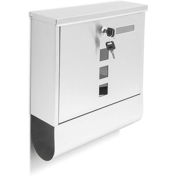 Relaxdays 10018448 Boîte aux lettre avec compartiment pour journaux fenêtre 2 clés acier inoxydable, Argent, 30 x 33, 5 x 8, 5 cm