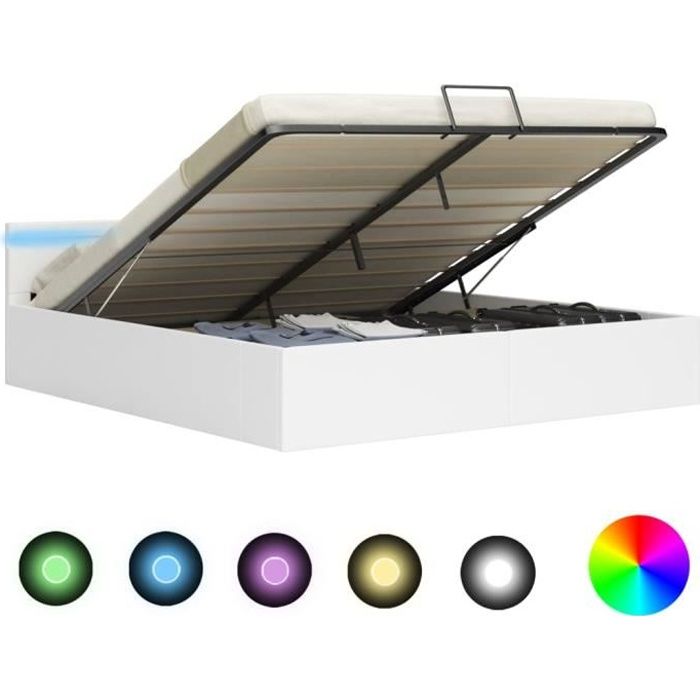 LUXE”1015Lit coffre - Cadre de lit à rangement avec LED Design Classique - Lit Double Pour Adulte contemporain Blanc Similicuir 180x