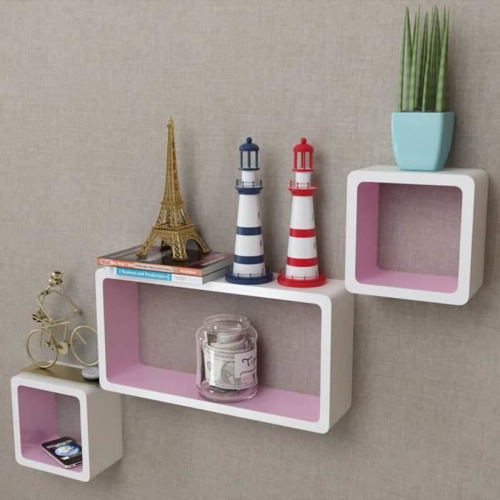 3 Etagères cubes murales et en MDF Blanc-Rose pour DVD-Livres