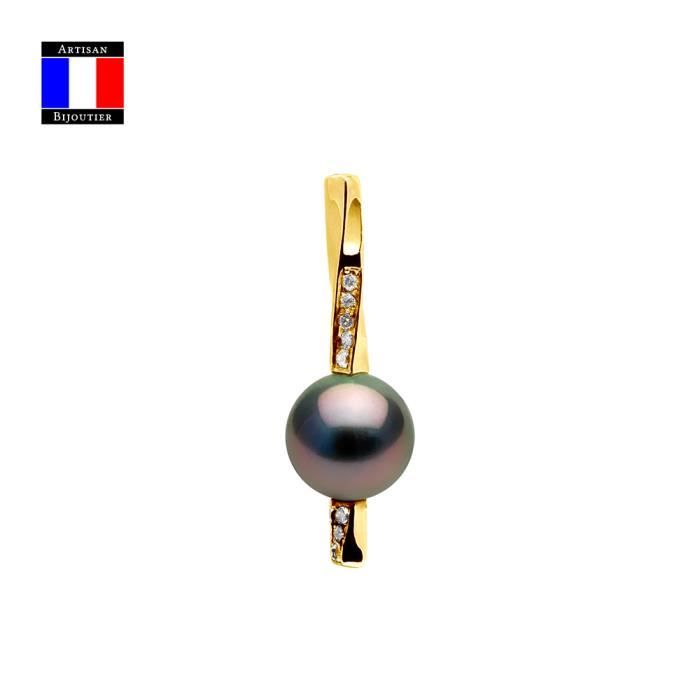 Compagnie Générale des Perles - Pendentif Diamants 0.08 Cts Véritable Perle de Tahiti Ronde 9-10 mm Or Jaune 18 Cts - Bijou Femme