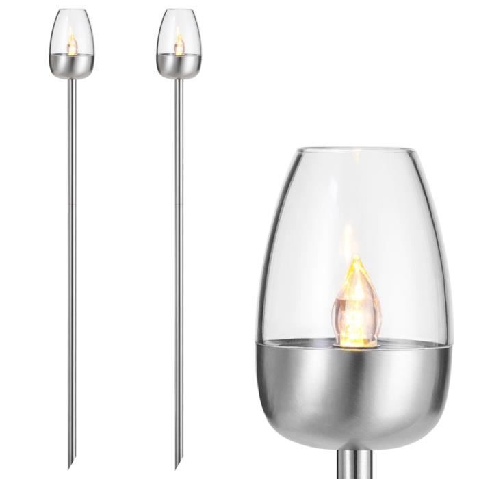 Set de 2 lampes solaires extérieures 112cm jardin effet flamme IP44 lanternes solaires piles acier inoxydable luminaire d’extérieur