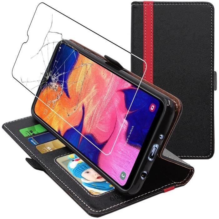 ebestStar ® pour Samsung A10 Galaxy SM-A105F - Etui Portefeuille PU Cuir + Film protection écran en VERRE Trempé, Noir / Rouge