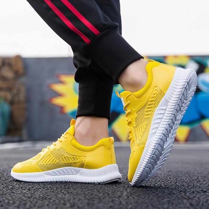 Baskets respirantes tissées pour hommes Chaussures de sport légères à la mode, chaussures de course Jaune