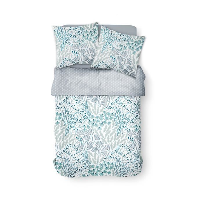 Parure de lit 2 personnes 220X240 Coton imprime blanc Floral SUNSHINE
