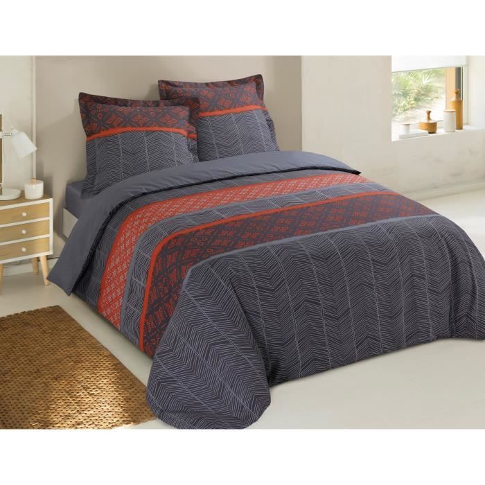 VISION Parure de couette Rodrigo 100% Coton - 220 x 240 cm - Gris et rouge brique