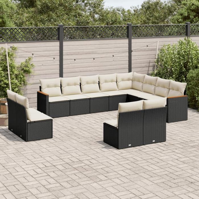 vidaXL Salon de Jardin avec Coussins 12 pcs Canapés de Terrasse Ensemble de Meubles de Patio Mobilier dExtérieur Noir 3226469