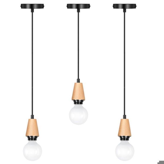 WOTTES Lustre Suspension Rétro Luminaire 3PCS - Vintage Style Noir E27 en Bois et Métal - Lampe Suspension pour Cuisine Salon