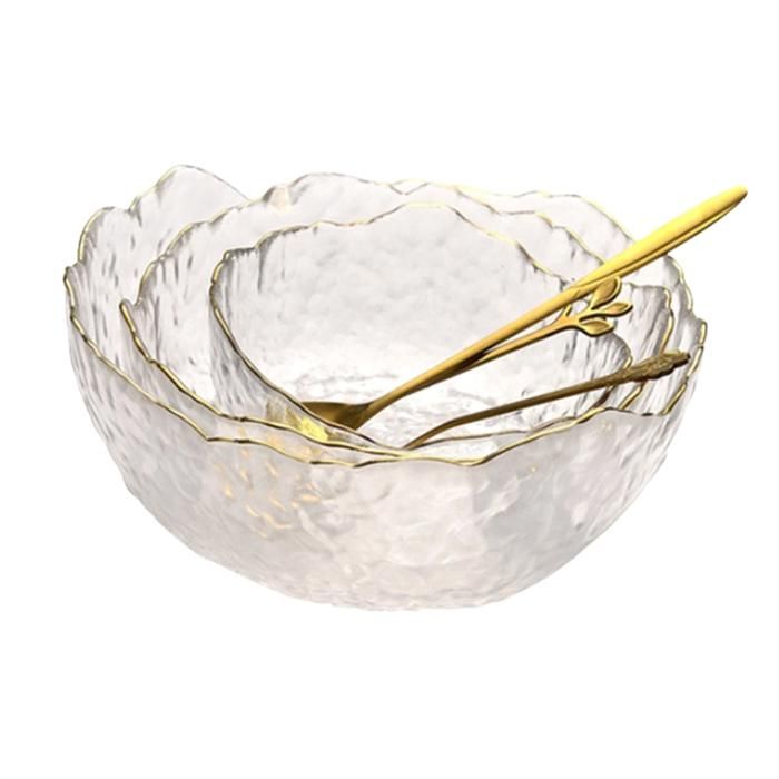 Bol à Salade en Verre Bol en Verre IrréGulier avec Bord Incrusté DOr Salade Transparente Soupe Aux Fruits Bol à MéLanger pour