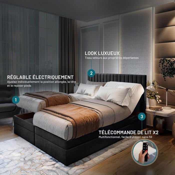 Lit adulte ADÈLE - ensemble matelas+sommier relaxation électrique - 200x200 cm - velours noir