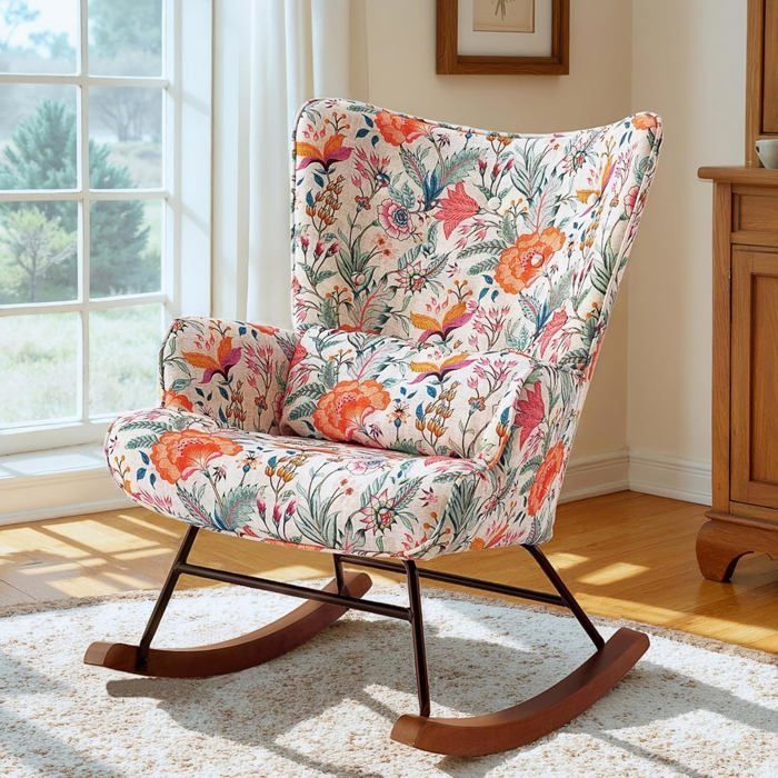Fauteuil à bascule Fauteuil à bascule floral avec cadre métallique et base en bois Fauteuil oscillant Relaxchair Fauteuil rétro