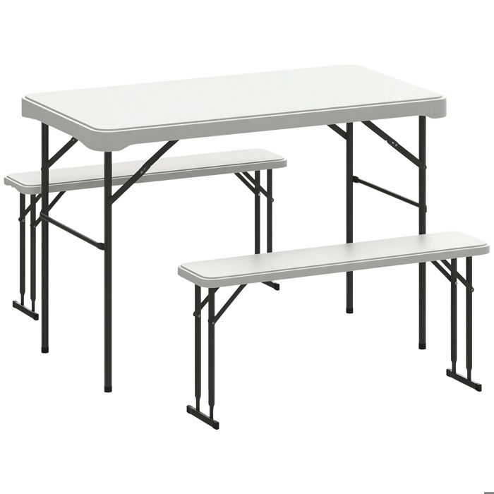 Ensemble table et bancs de pique-nique - Outsunny - 113 cm - pliante - avec poignées de transport - gris clair et blanc