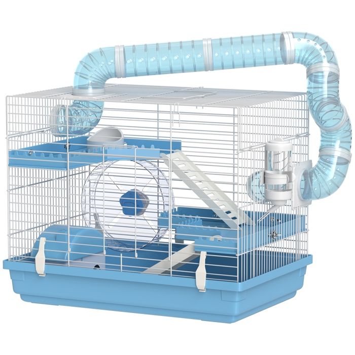 Meilleurs prix pour Cage pour hamster - PawHut - portable - avec cabane, roue de course, gamelle, bouteille d'eau, perchoirs, tuyaux - bleu clair