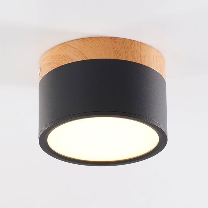 LED Plafonnier Spot en saillie Finition bois Mini plafonnier Rond Noir Lumière naturelle 4000 K 12 W. [Classe énergétique