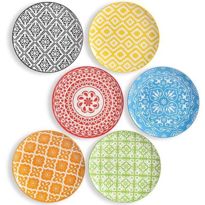 Assiettes Dessert en Céramique Colorées - Lot de 6 pour Salade ou Entrée - Lave-Vaisselle et Micro-Ondes - 203 cm - Multicolore 1