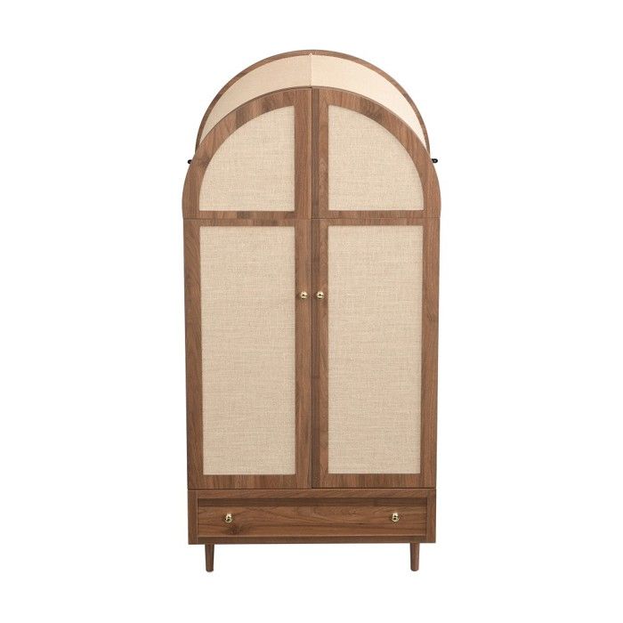 meuble d entree Élégante armoire noyer portes tissu+tiroir rangement vêtements/accessoires pieds bois robuste meuble d entree Élégante armoire noyer portes tissu+tiroir rangement vêtements/accessoires pieds bois robuste