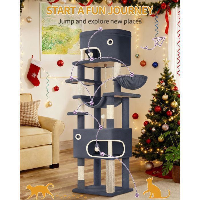 Meilleurs prix pour Arbre à Chat Abri à Chat Multi-Niveaux de 203 cm avec Grande Plateforme 2 Niches 7 Griffoirs Pompons Paniers HamacGris Foncé