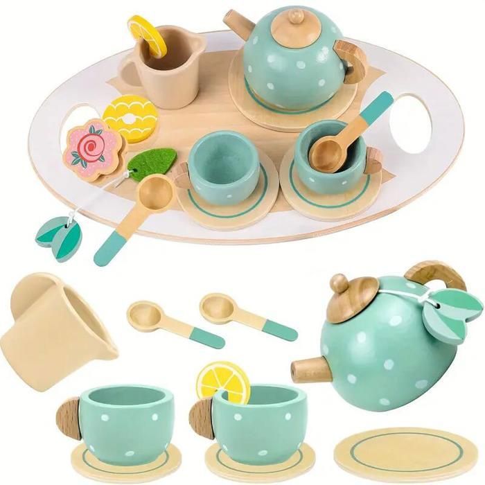 Quiodok Service à Thé En Bois Pour Enfants – Dinette 19 Pièces – Jeu De Rôle Tea Party – Cadeau 3-5 Ans