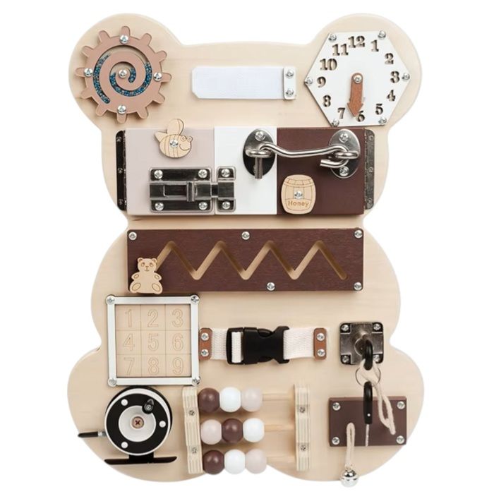 Jouet éducatif - Tableau d’Éveil GINGER HOME - Ours Montessori - Engrenages et Horloge - 30x39 cm