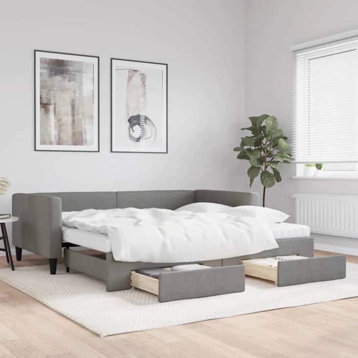 Lit de jour avec lit gigogne - vidaXL - Gris foncé - 100x200 cm - Tiroirs intégrés - Matelas en mousse - Tissu polyester