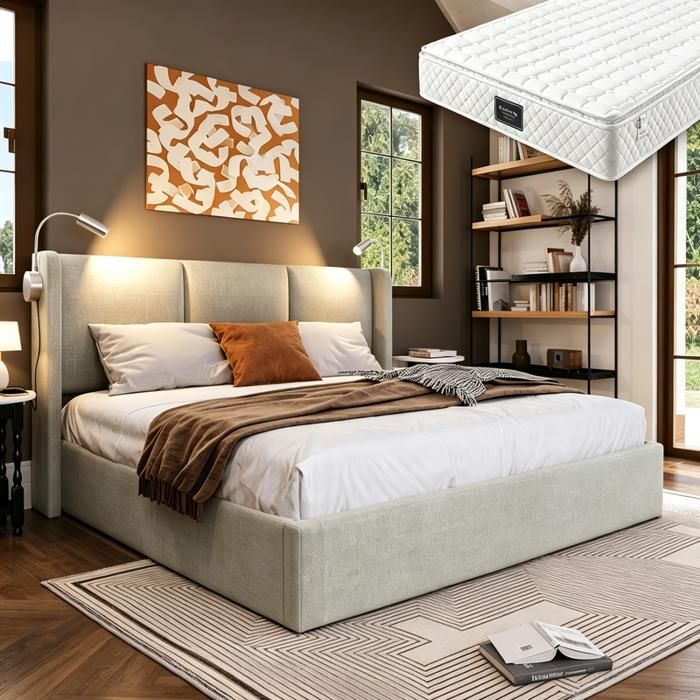 Lit double coffre 160x200 cm avec Matelas à 720 ressorts - USB - Sommier en Bois Massif - Lampe de lecture réglable