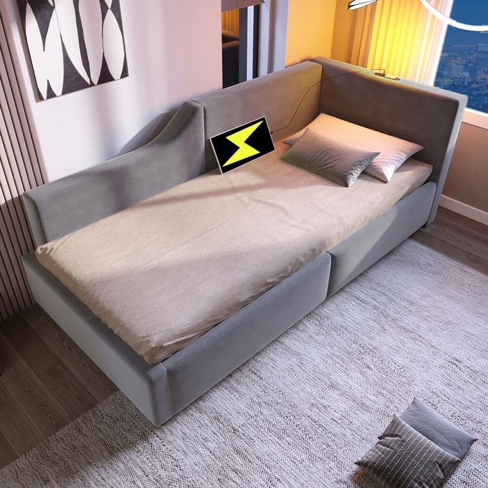 Lit coffre 90x200 cm en velours gris sommier à lattes relevable lampe de lecture et port USB‑C