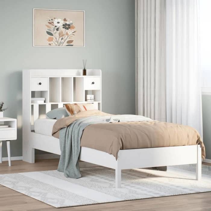 Lit bibliothèque sans matelas - UU - Blanc - Bois de pin massif - 90x190 cm - 218 5x96x110 cm - Sommier à lattes