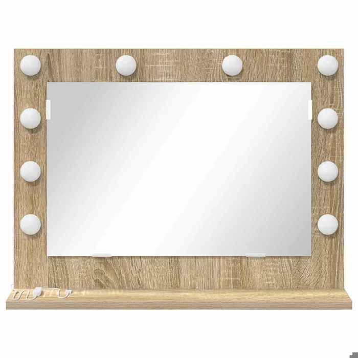 Miroir de vanité avec éclairage LED - WIENS - Chêne Sonoma - 60x45x18 cm - Blanc chaud - USB - Bandes LED