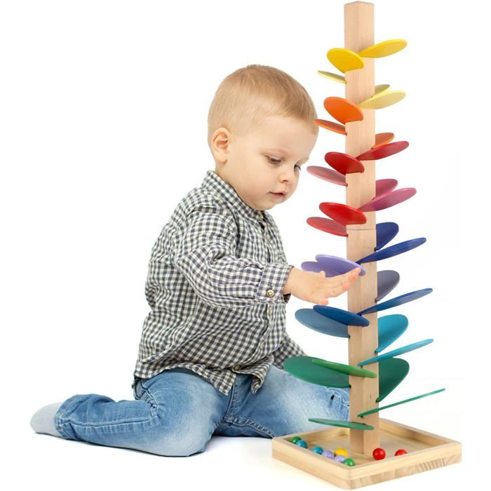 Piste à billes en bois arc-en-ciel de 72 cm - Jouet éducatif pour enfants avec 10 balles arc-en Piste à billes en bois arc-en-ciel de 72 cm - Jouet éducatif pour enfants avec 10 balles arc-en