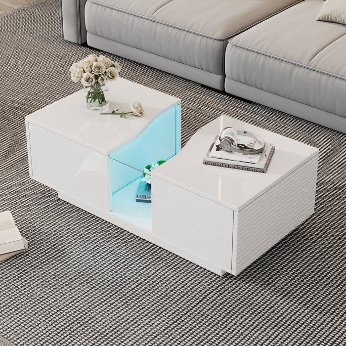 Table Basse LED Avec 2 tiroirs -100x50x35cm - dappoint blanche haute brillance-lumière et plateau acrylique - chambre