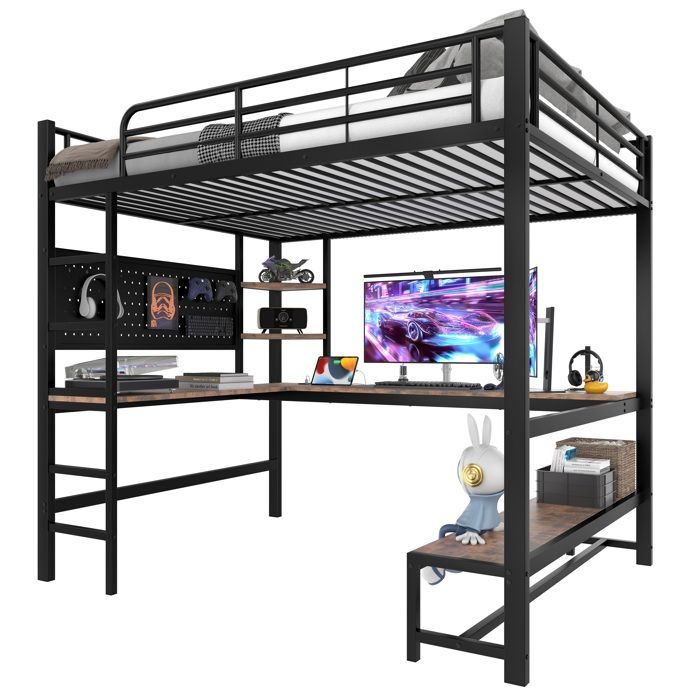 Lit Mezzanine enfant en Fer  140×200cm NoirÉclairage LEDAvec Rangements et Ports USB+Type-CBureau Intégré
